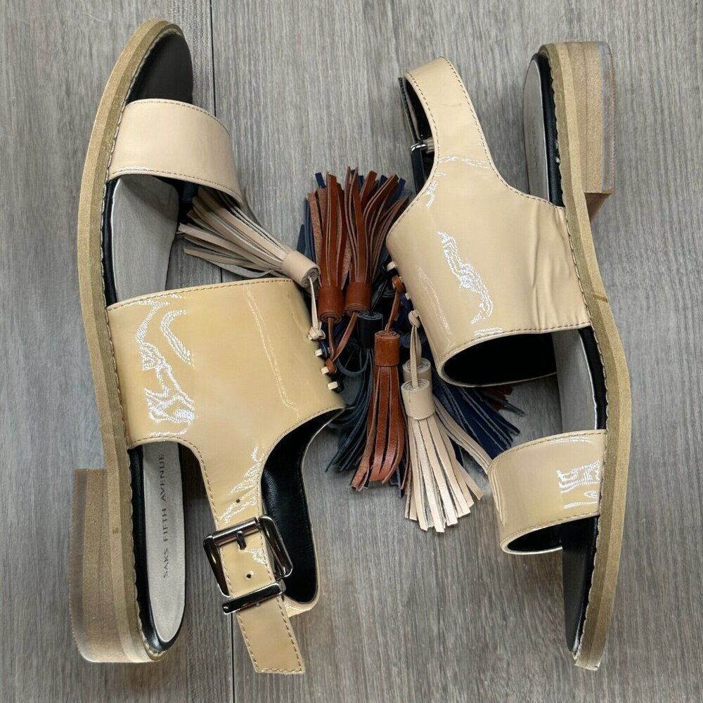 Saks Fifth Avenue Patent Sandals Women Size 8.5 Beige Maria Tasseled Sling Back - Picture 2 of 12